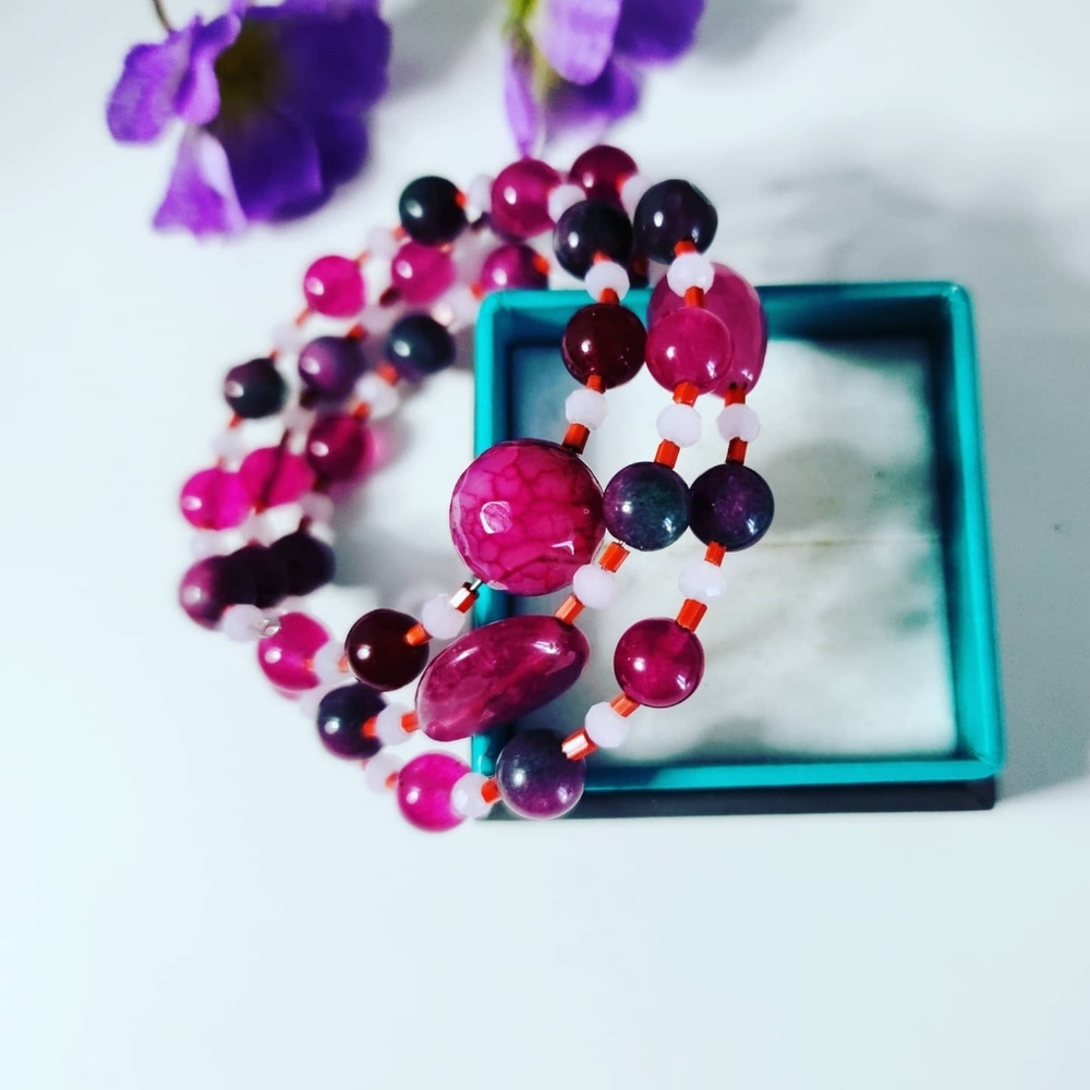 Fuxia Rainbow Agate Triple Bracelet